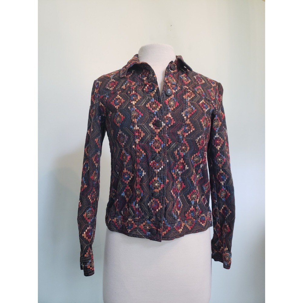 VTG Coldwater Creek Womens Petite PXS Embroidered Jean Jacket Southwestern Aztec